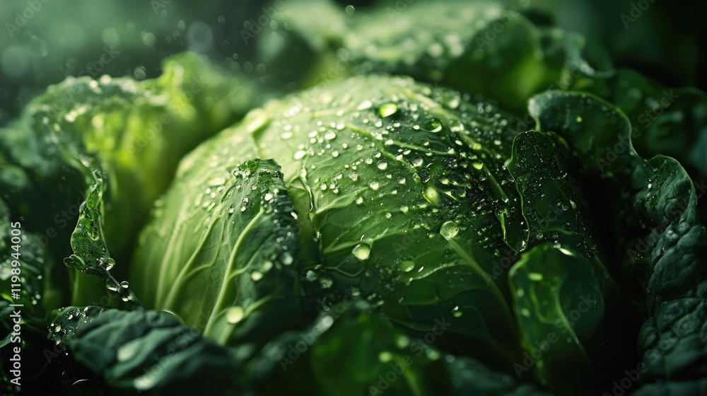 Poster fresh green cabbage with water droplets on leaves in a natural setting with soft focus background an