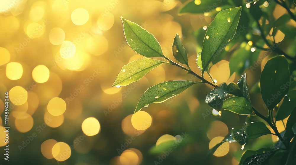 Aufkleber close-up of green leaves with water droplets illuminated by soft sunlight, featuring a bokeh backgro