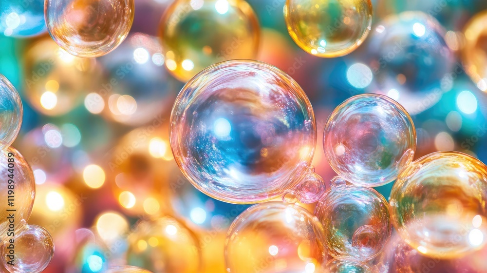 Poster colorful soap bubbles floating in a blurred background with bokeh effect and copy space for text pla