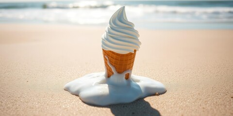 Obraz premium A cone of creamy white ice cream melting in the sunlight on a sandy beach, with waves gently lapping at its base, summer treat, sun-kissed, coastal scenery