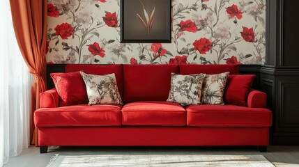 Modern red fabric sofa with floral wallpaper background and decorative pillows in a stylish interior setting with natural light and copy space.
