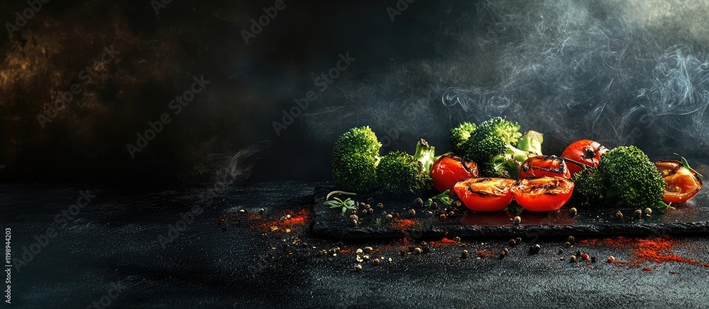 Poster Charred broccoli and tomato slices artfully arranged on a rustic slate surface against a smoky dark background with ample copy space for culinary text