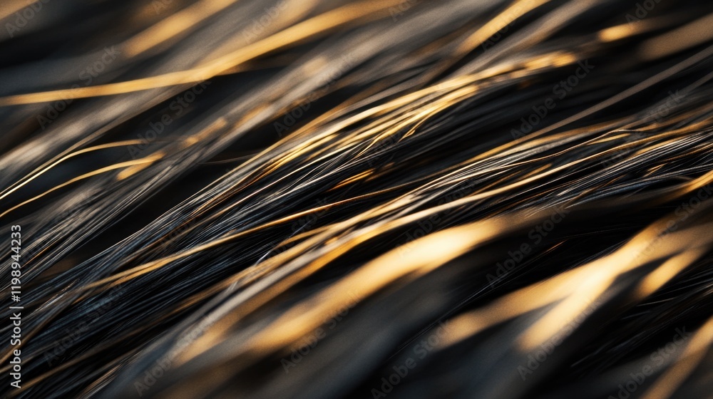 Poster abstract close-up image of dark strands with golden highlights showcasing texture and depth, ideal f