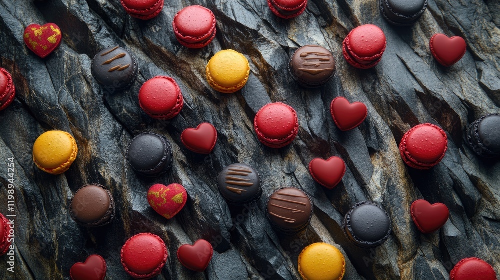 Poster colorful assorted macarons and heart-shaped chocolates arranged on textured stone surface with copy 
