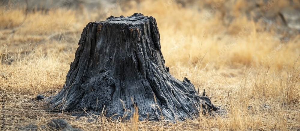 Poster charred gray tree stump on dry golden grass in a sunlit forest creating a natural backdrop with ampl