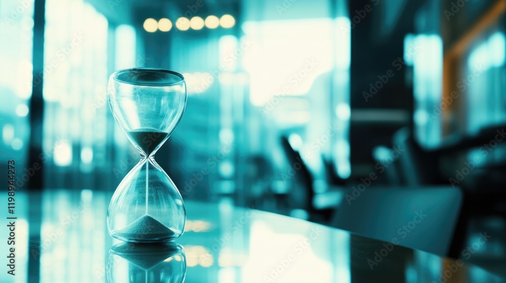 Poster Hourglass on a reflective table with blurred office background featuring modern architecture and ambient lighting Copy Space