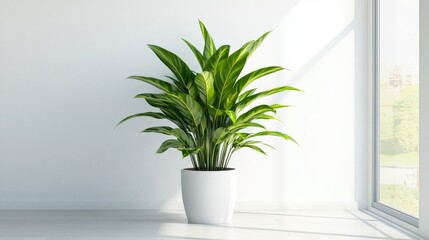 Fototapeta premium Indoor decorative plant in a modern white pot next to a bright window with natural light and copy space for text