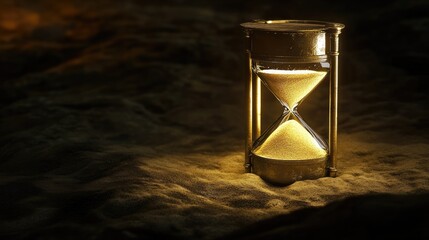 Golden hourglass on sandy surface illuminated from within creating a warm glow with dark background...