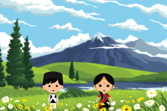 Male and Female Gurung Cultural Dress Together In greenary Background