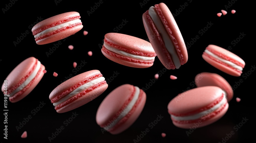 Poster floating pink macarons with cream filling on a dark background with scattered crumbs and copy space 