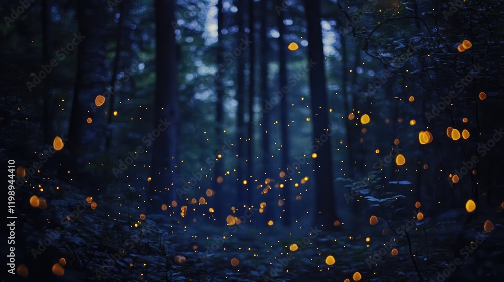 Poster magical forest at dusk with glowing fireflies and soft bokeh lights in a dark wooded area creating a