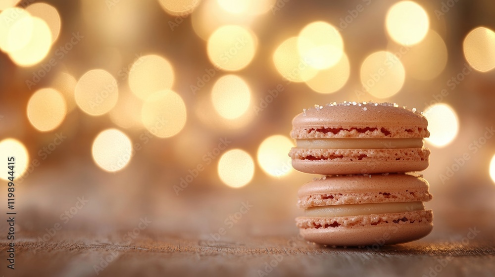 Aufkleber stack of delicate macarons on a wooden surface with blurred warm bokeh lights background copy space