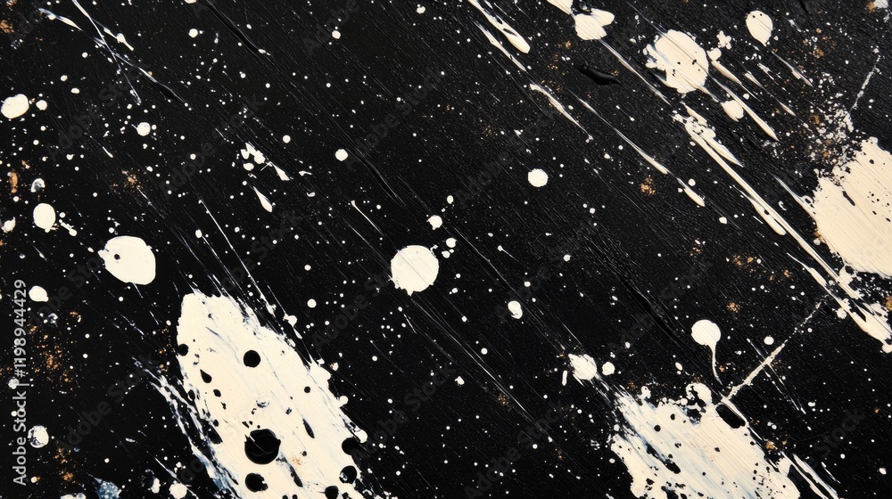 Poster abstract black and white paint splatter texture with dynamic brush strokes and scattered drops on ca