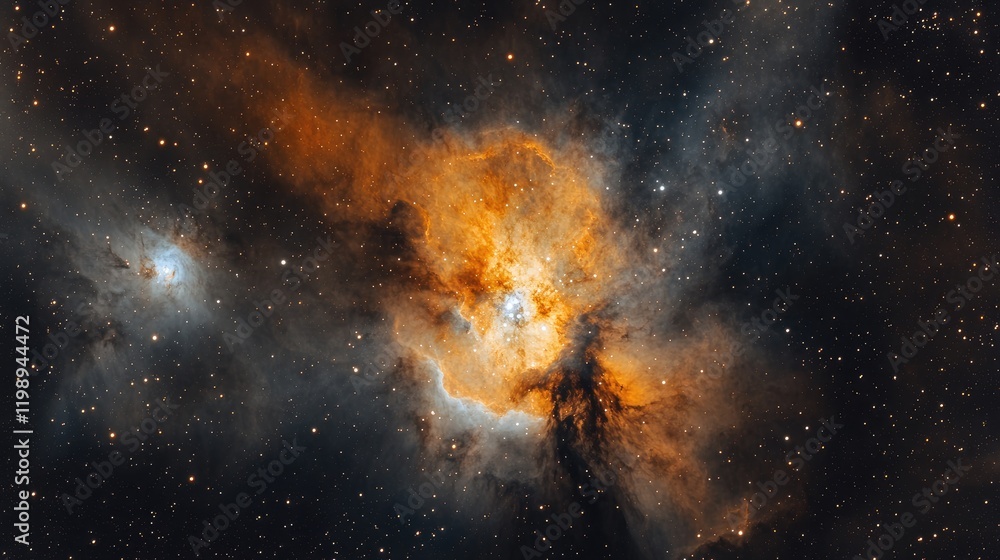 Poster nebula with bright orange and blue colors surrounded by stars in deep space with copy space for text