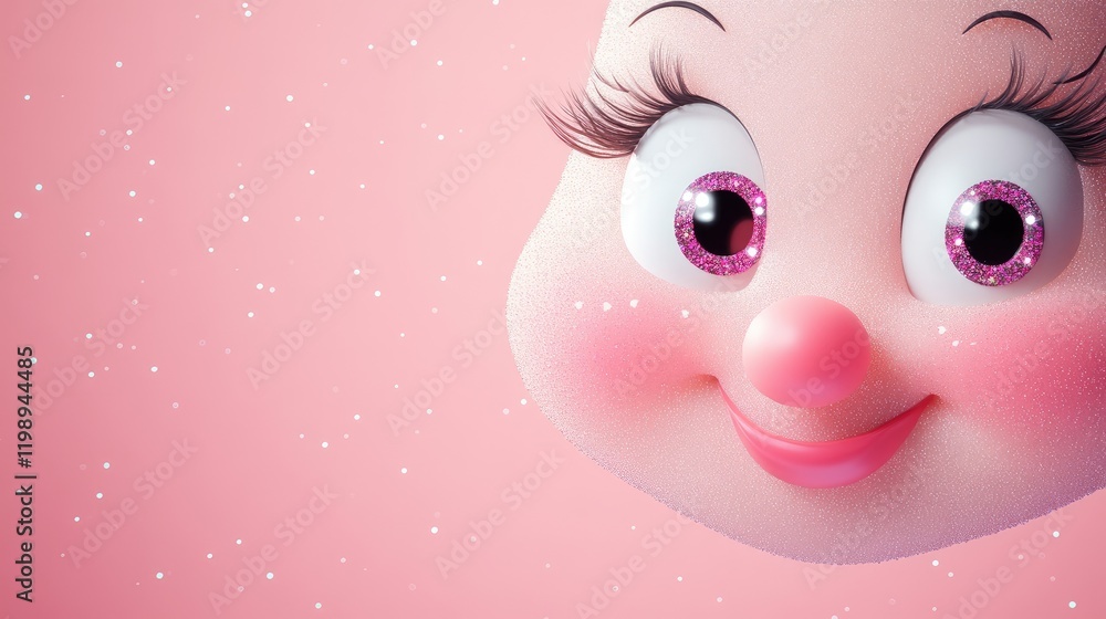 Poster close-up of a cheerful cartoon face with sparkling eyes and a pink nose set against a soft pink back