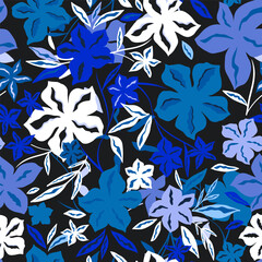 Fototapeta premium Seamless botanical pattern with abstract blue flowers. Modern floral background. Vector texture for fabric, wallpapers, apparel, textile