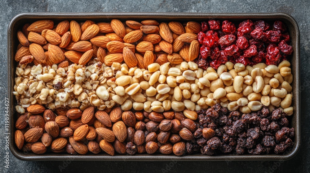 Poster assorted nuts and dried fruits displayed on a baking tray with copy space for text or design element