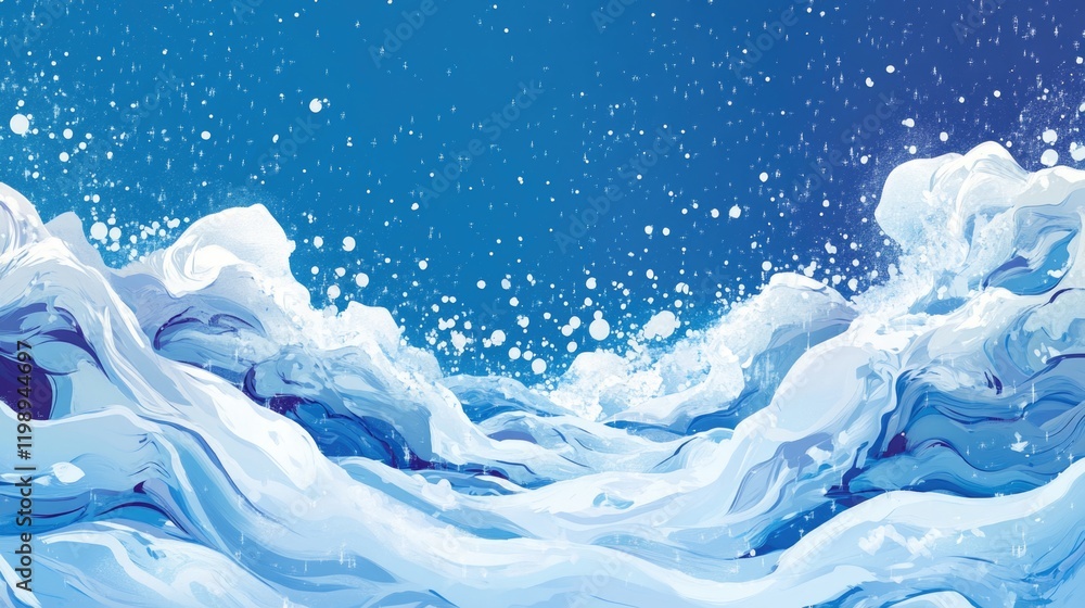 Poster illustration of dynamic ocean waves with abstract foam and bright blue background suitable for vario