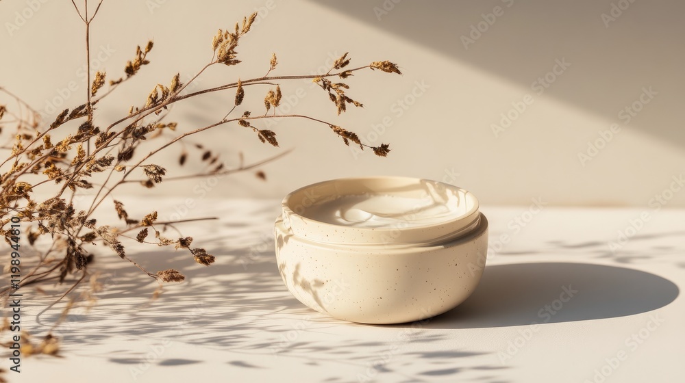 Poster natural skincare cream container with dried flower shadow on minimalist background and ample copy sp