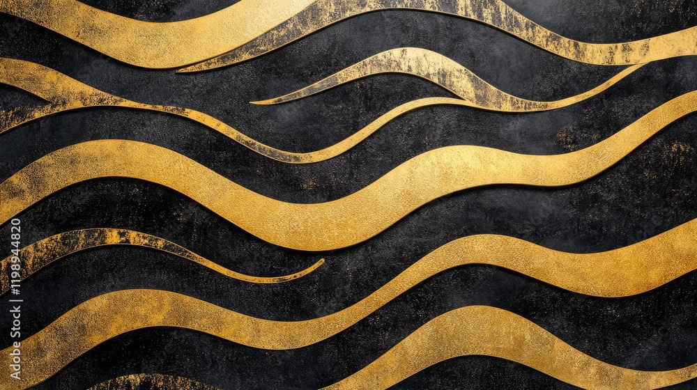 Poster abstract black and gold wavy metal texture background with contrasting lines and copy space for desi