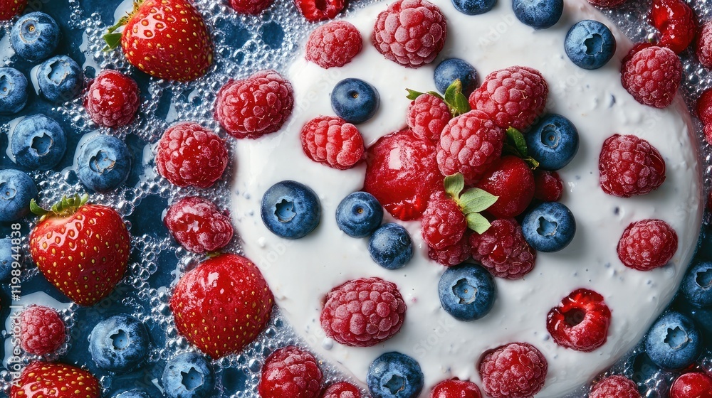 Poster fresh berries arranged on a cream dessert with bubbles in background and ample copy space for text p