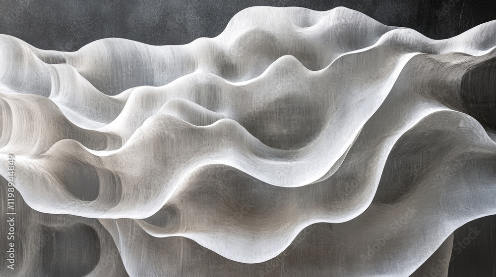 Poster abstract waves of white fabric-like texture on a dark background with smooth curves and ample copy s