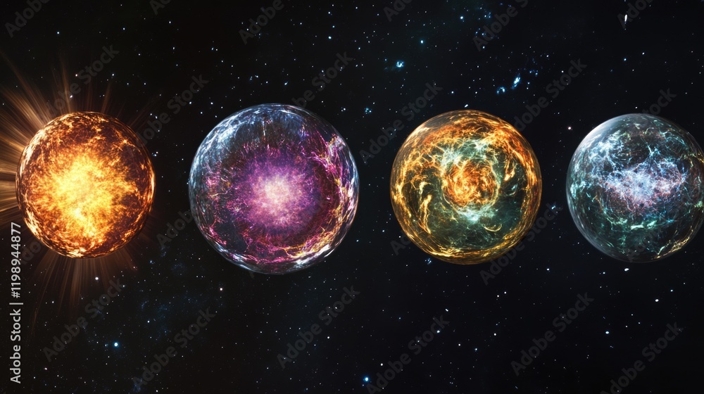 Poster colorful cosmic spheres representing different celestial phenomena against a dark starry background 