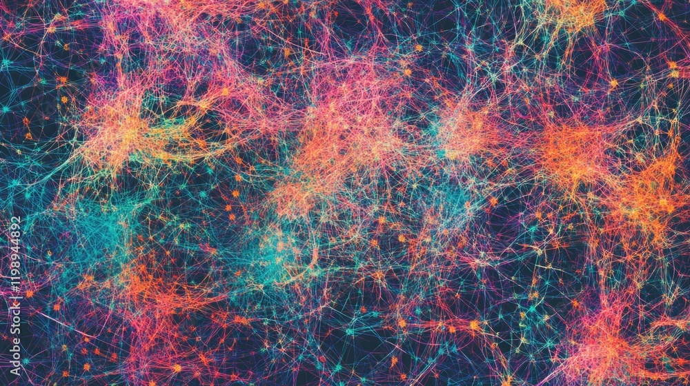 Poster Colorful abstract network pattern with interconnected lines and dots on a dark background Copy Space