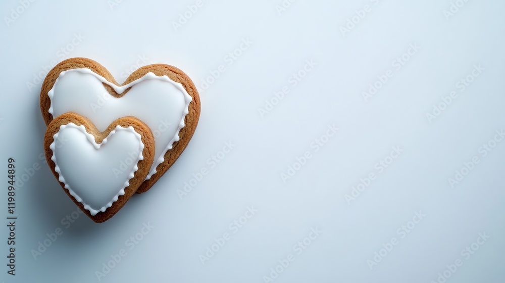 Aufkleber heart shaped gingerbread cookies with icing on soft blue background with empty space for text ideal 