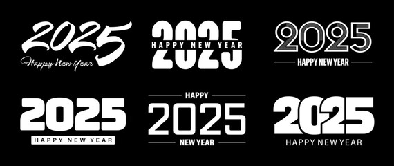 Set of 2025 Happy New Year greeting text designs. Christmas banner, poster, festive greeting card or seasonal promotion template. Collection of 2025 numbers with greetings. Vector illustration