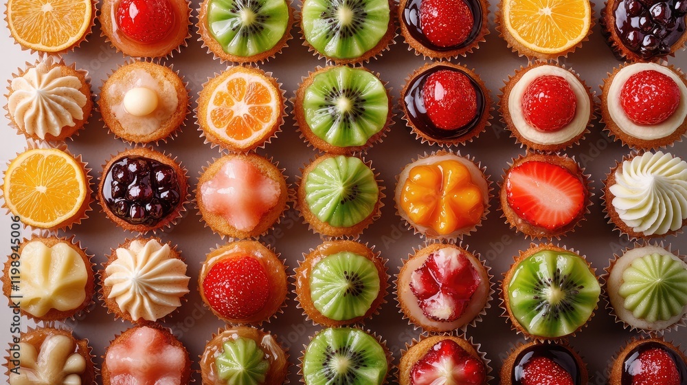 Poster assorted colorful mini cupcakes with various toppings arranged in a grid pattern on a light backgrou