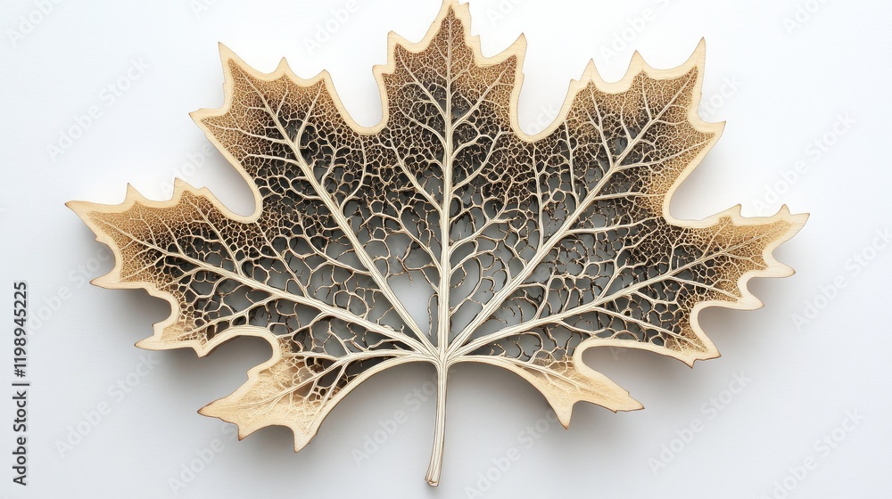 Poster detailed close-up of a decayed maple leaf showcasing intricate vein patterns on a bright background 