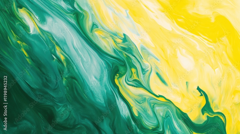 Poster abstract fluid art background in green and yellow colors with swirling patterns and copy space for t
