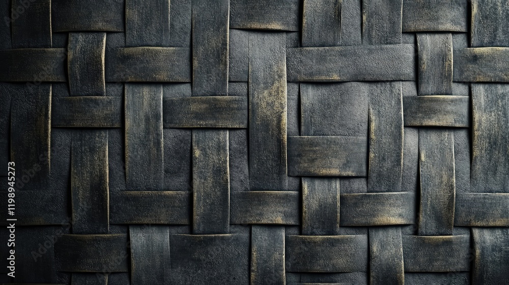 Poster woven texture background in dark tones with intricate patterns and copy space for design projects.