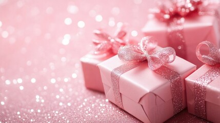 Obraz premium Pink gift boxes with glittery ribbons on a soft pink background with bokeh effects and decorative sparkles Copy Space
