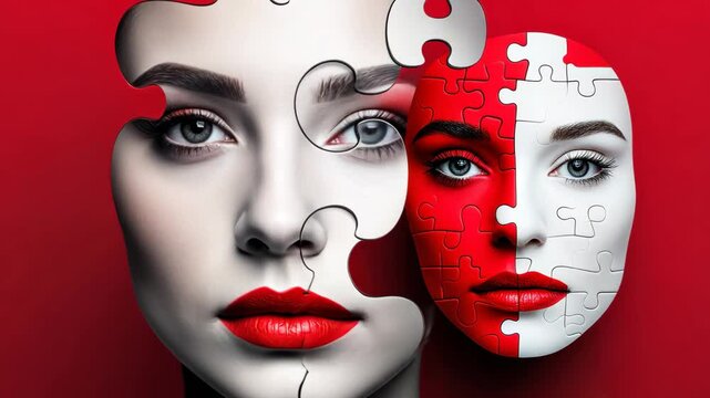 Woman's face is cut in half and the pieces are scattered across a red background. The image is a puzzle of sorts, with the woman's face being the missing piece. Scene is one of mystery and intrigue