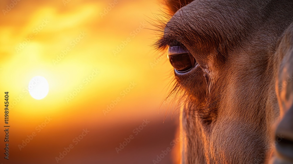 Aufkleber close-up of a camel's eye illuminated by a golden sunset over a vibrant orange sky with empty copy s