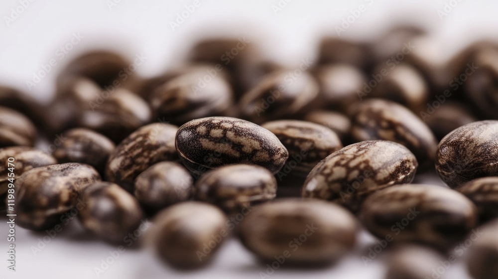 Aufkleber close-up of scattered castor bean seeds on a light background with textured surface and natural colo