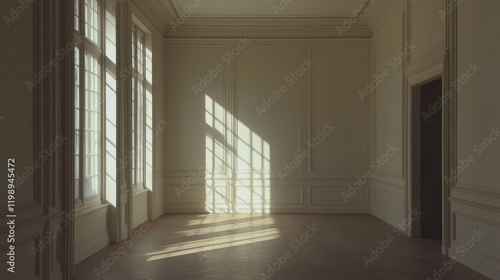 Poster empty minimalist interior with large windows casting shadows on the floor and walls natural light co