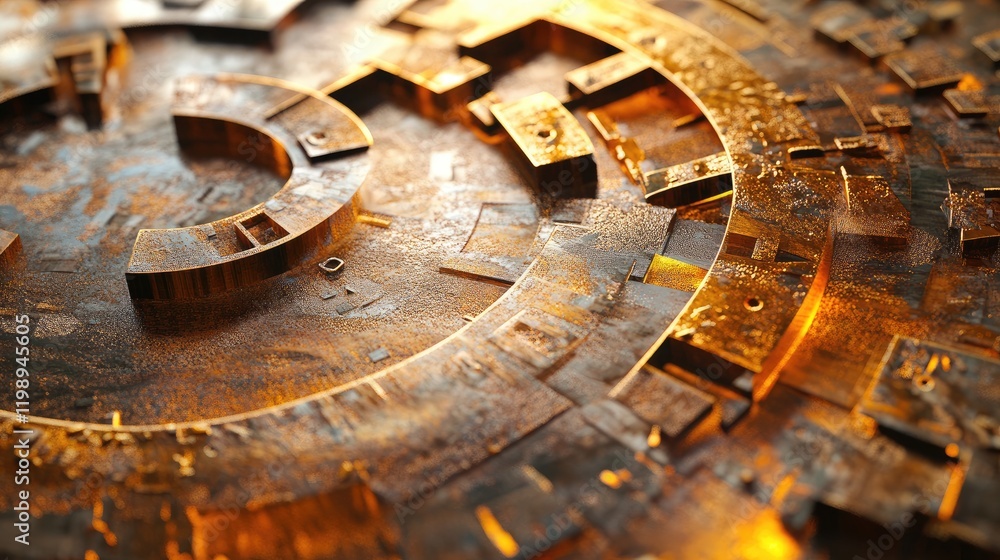 Poster abstract close-up of a textured metallic surface with circular patterns and warm golden lighting, fe