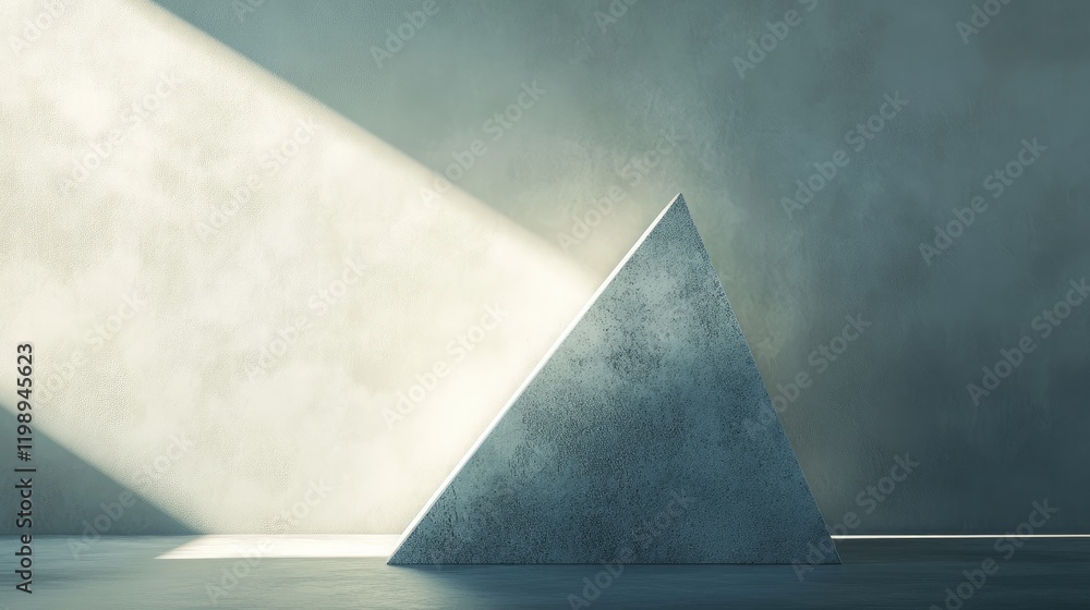 Poster abstract concrete pyramid with light beam on textured wall background and copy space for text.