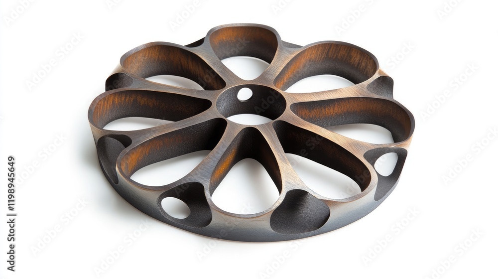 Poster abstract design of a decorative metal wheel or disk featuring intricate cut-outs and a rusty finish 