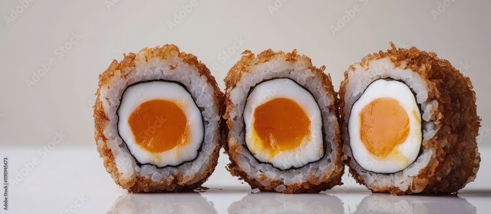 Poster breaded deep-fried sushi rolls filled with soft boiled eggs arranged on a white background with copy