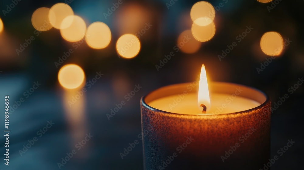 Poster vivid candle flame illuminating dark space with blurred bokeh lights in warm golden tones creating a