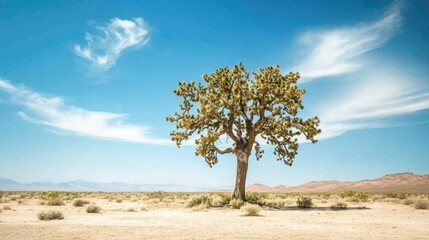 Obraz premium Lone Joshua tree in arid desert landscape under blue sky with wispy clouds Copy Space