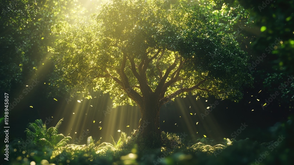 Aufkleber majestic tree in a sunlit forest with rays of light filtering through lush foliage and ferns in a se
