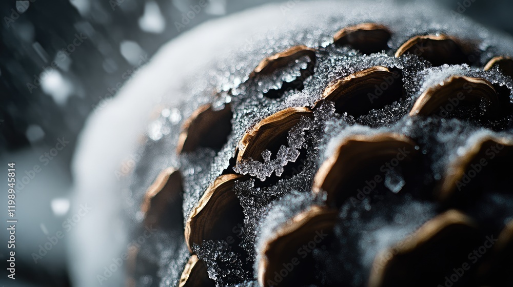 Aufkleber close-up of a snow-covered pine cone with frost details surrounded by snowfall against a blurred bac