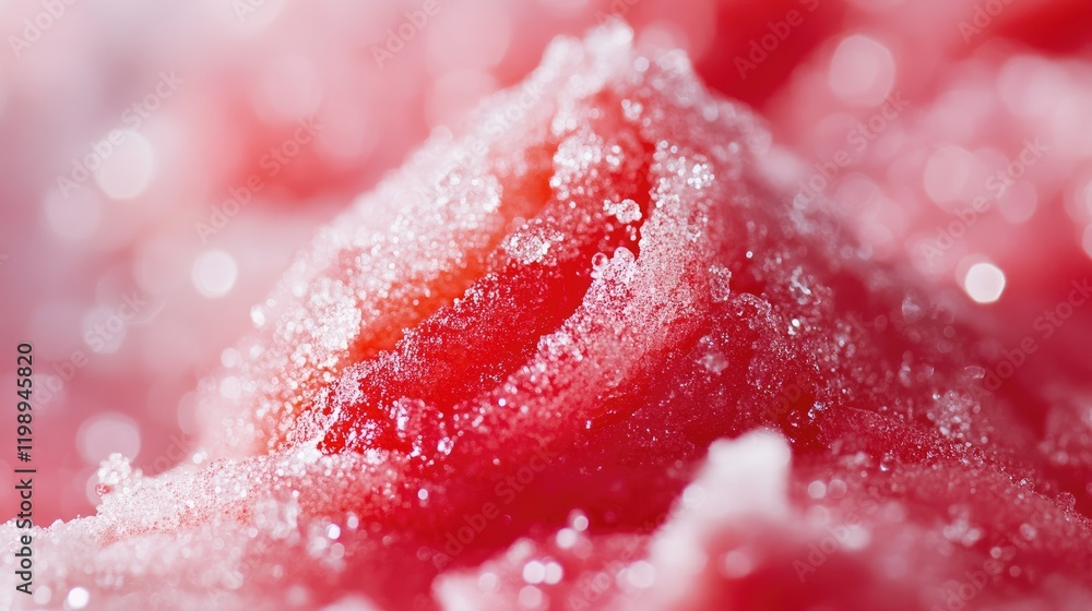 Poster close-up view of red and pink crystallized sugar granules with soft bokeh background and copy space 