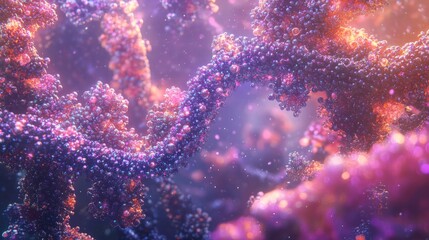 Abstract Colorful DNA Strand Microscopic Cellular Structure Glowing Particle Background