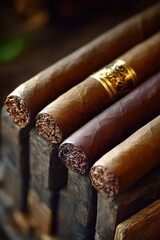A collection of cigars resting on a wooden surface, ideal for cigar enthusiasts or smoking-themed designs